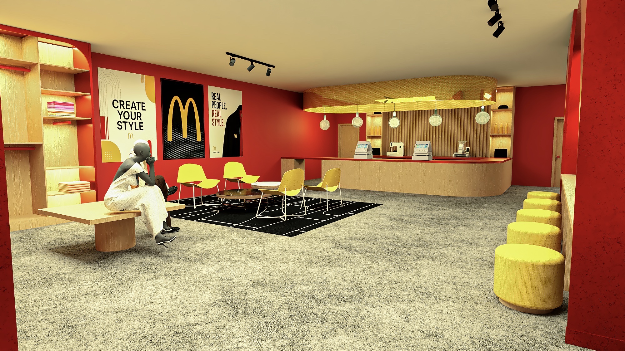 Red-walled customization floor with yellow chairs on a black rug