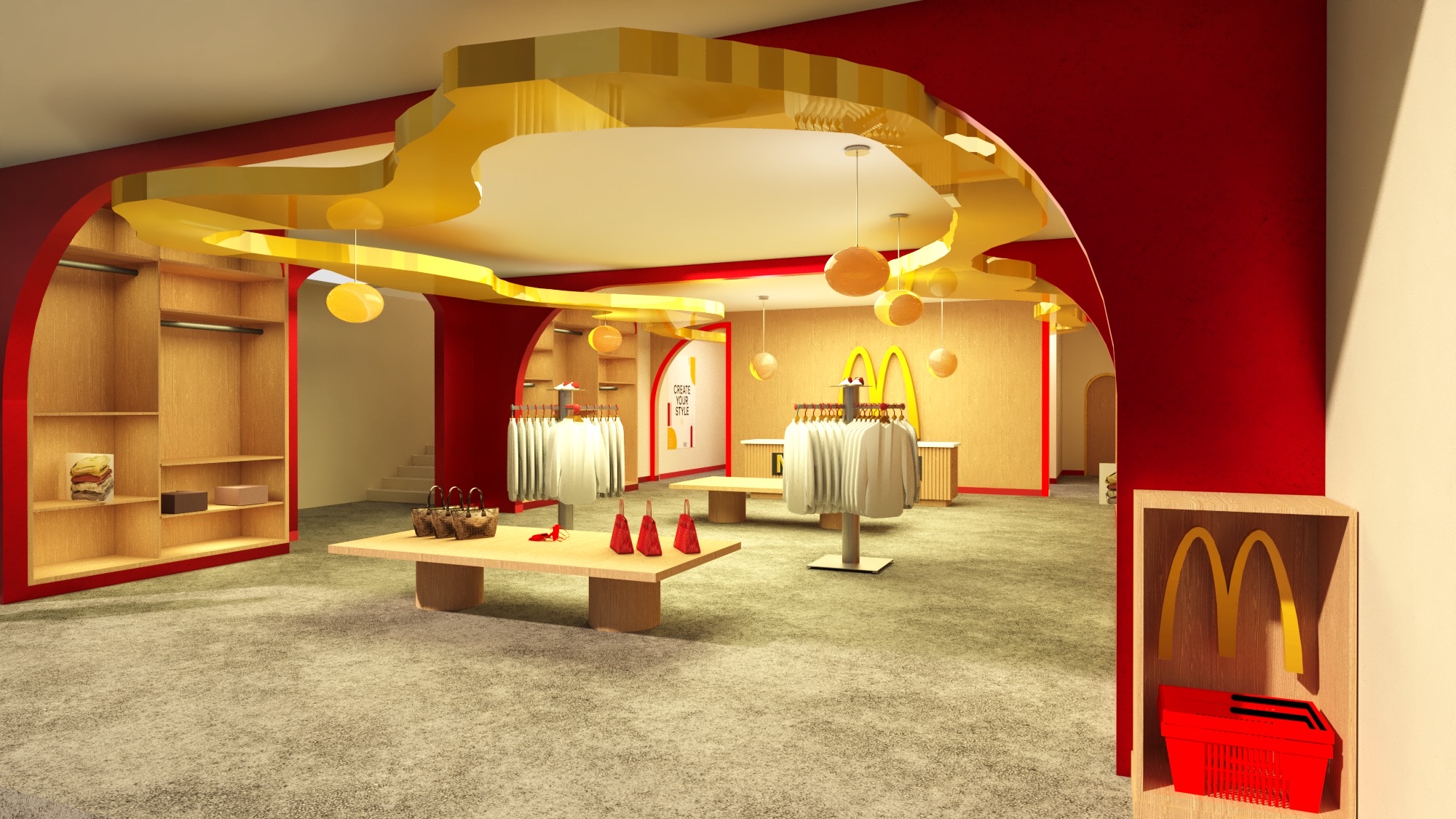 Red archway opening onto a clothing store with a wavy gold ceiling, globe pendants and a gold M logo