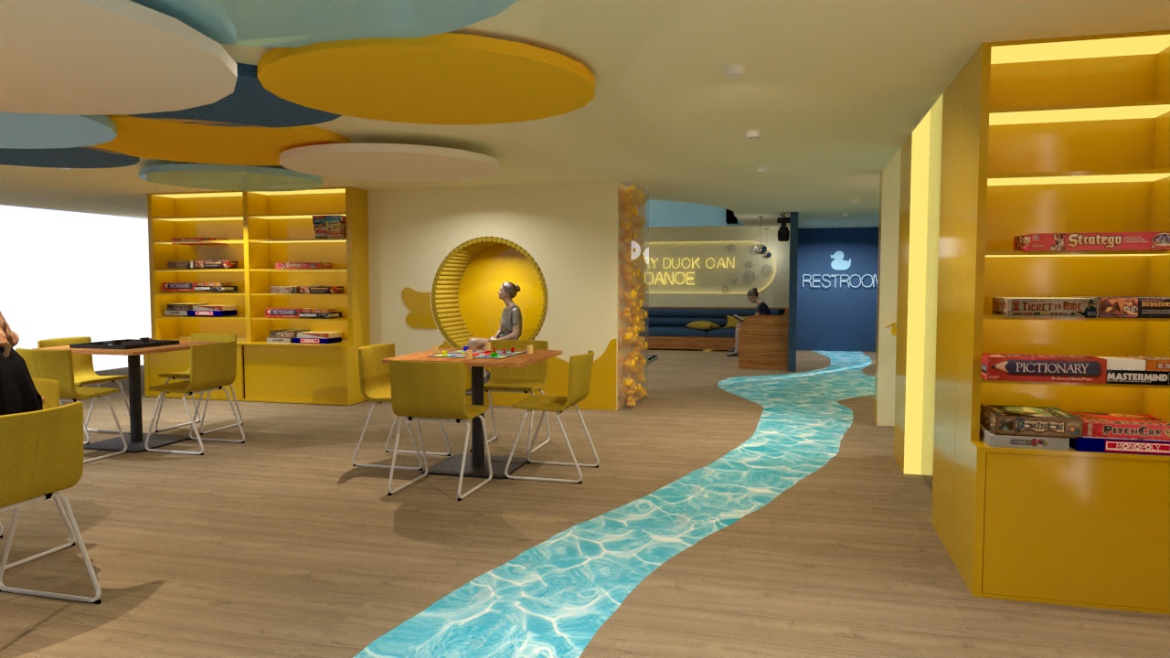 Teen game room with yellow shelving full of board games, a round wall seat and a glowing water path in the floor