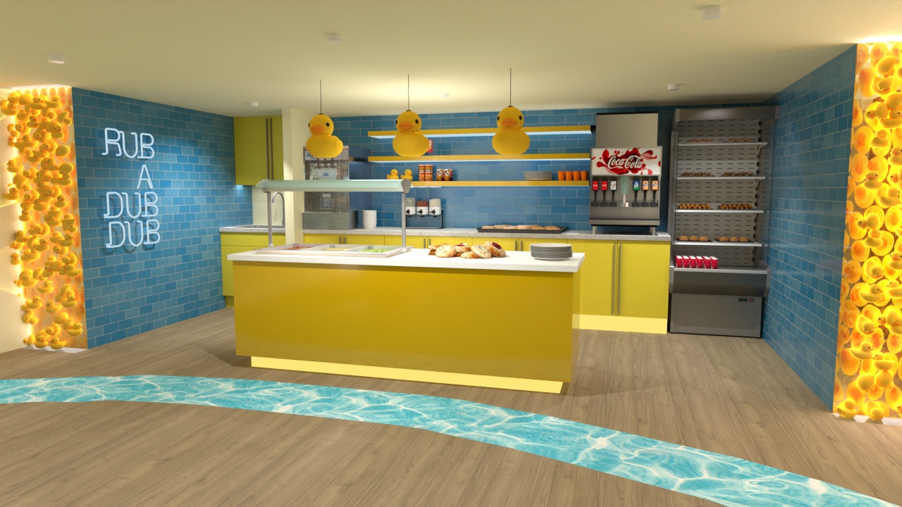 Snack bar with a yellow buffet island, blue subway tile and rubber duck pendants