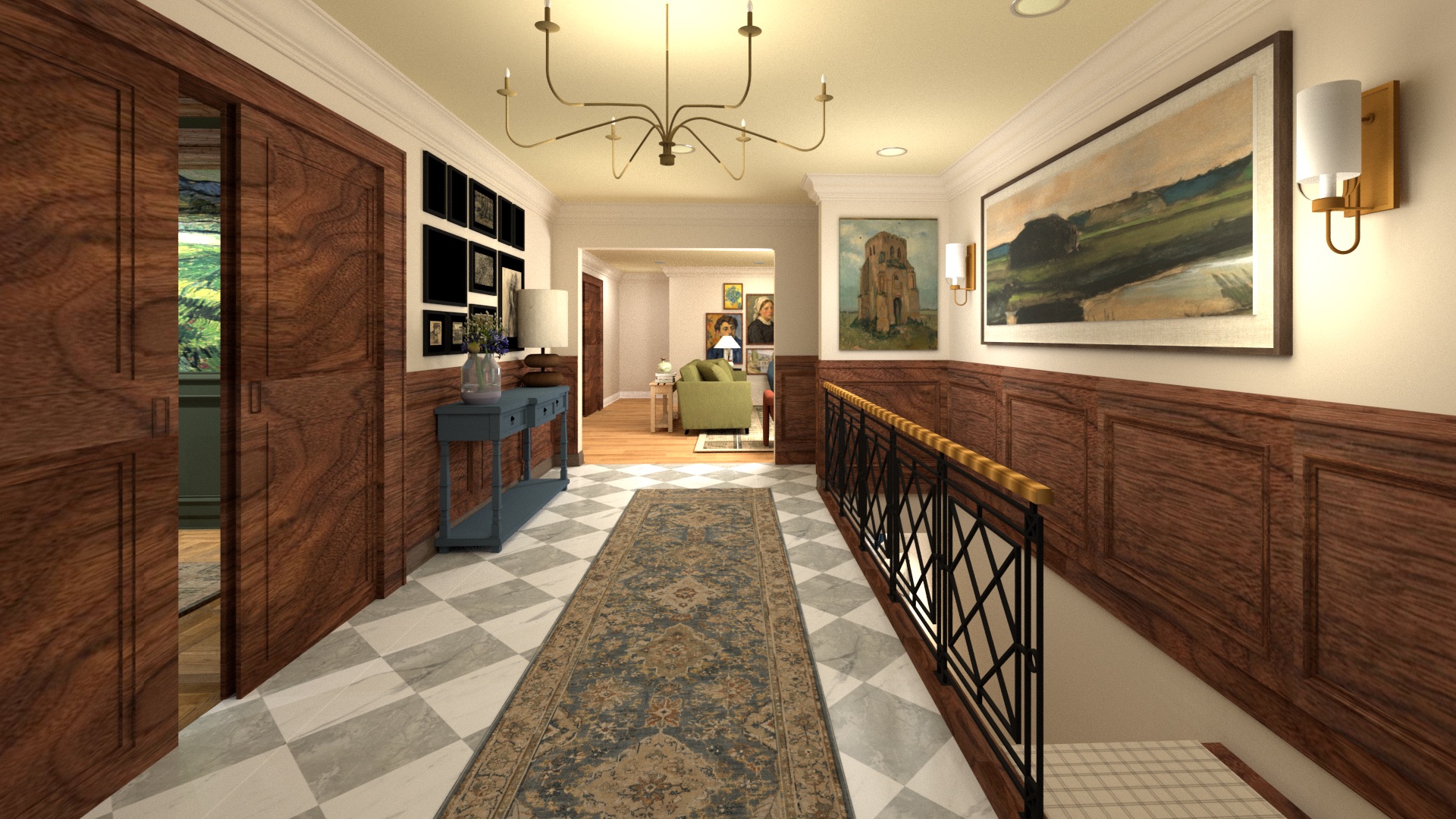 Foyer with a checkerboard marble floor, walnut paneling, a brass chandelier and framed landscapes