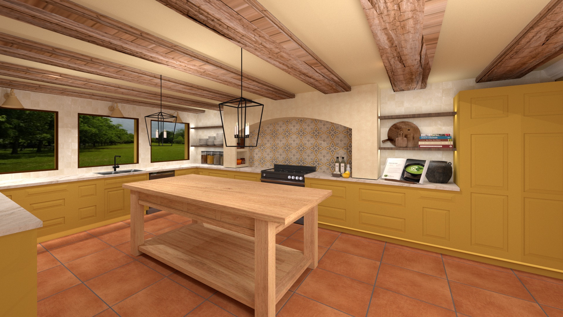 Kitchen with mustard cabinetry, terracotta floor tile and timber beams