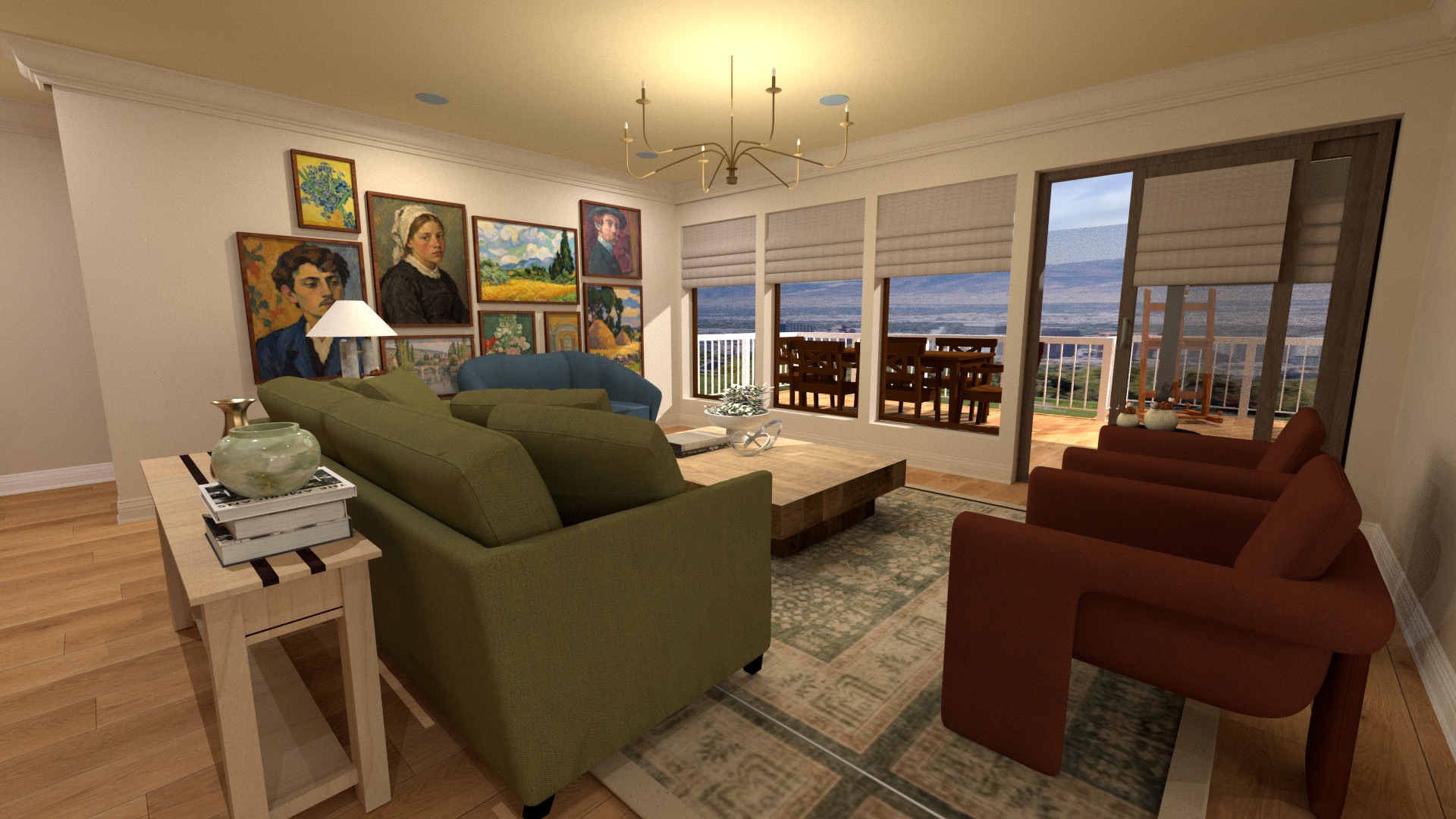 Living room with a gallery wall of portraits, an olive sofa and rust armchairs