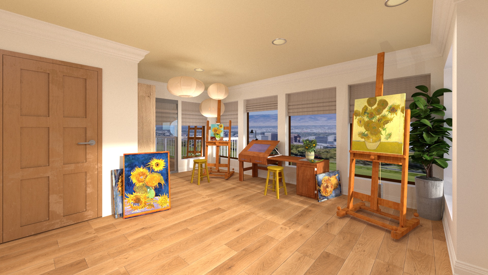 Art studio with easels, sunflower paintings and a wall of windows